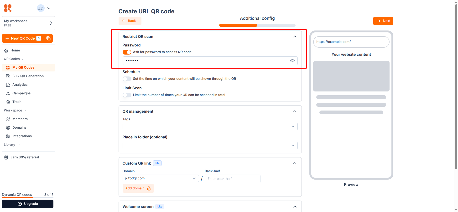 Enable password protected QR