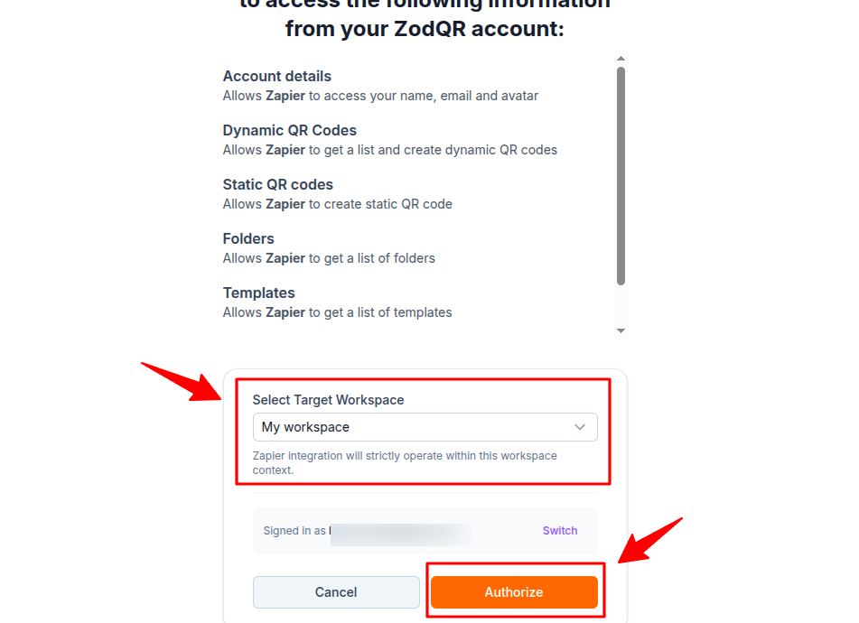 Select workspace and authorize