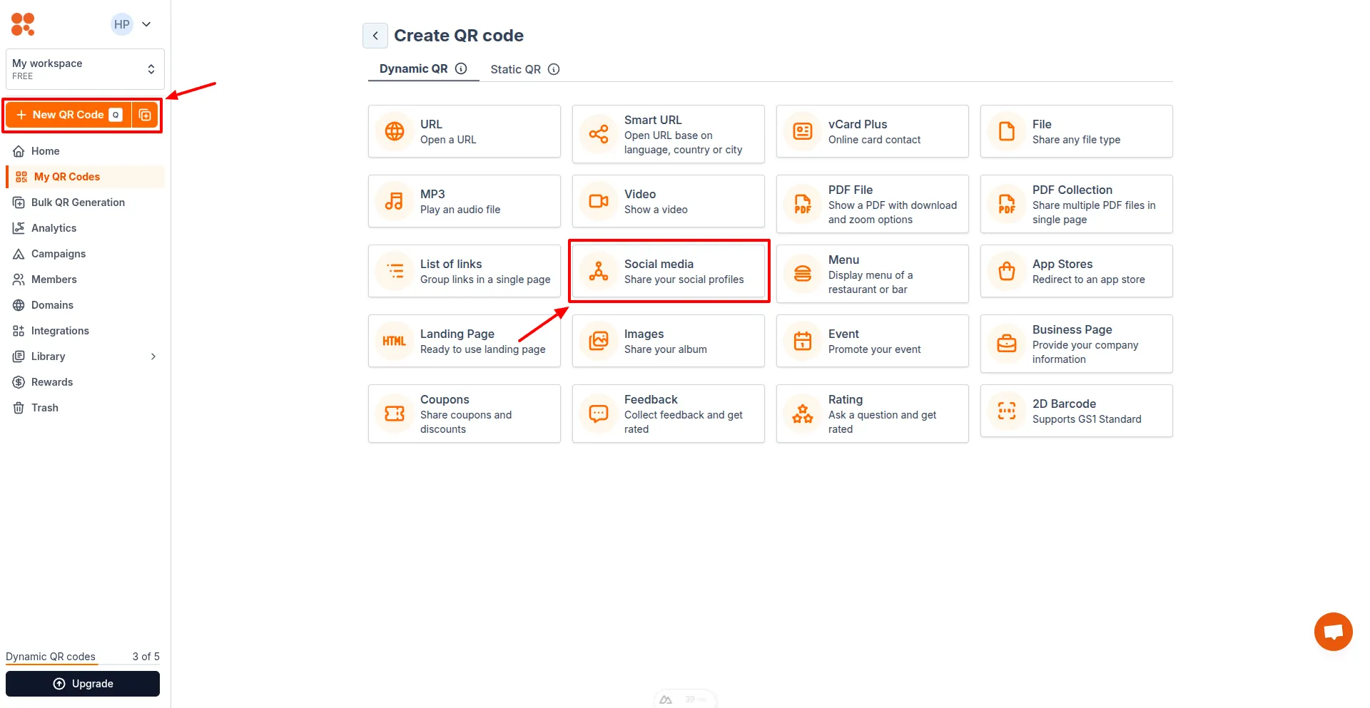 Select Social media QR type