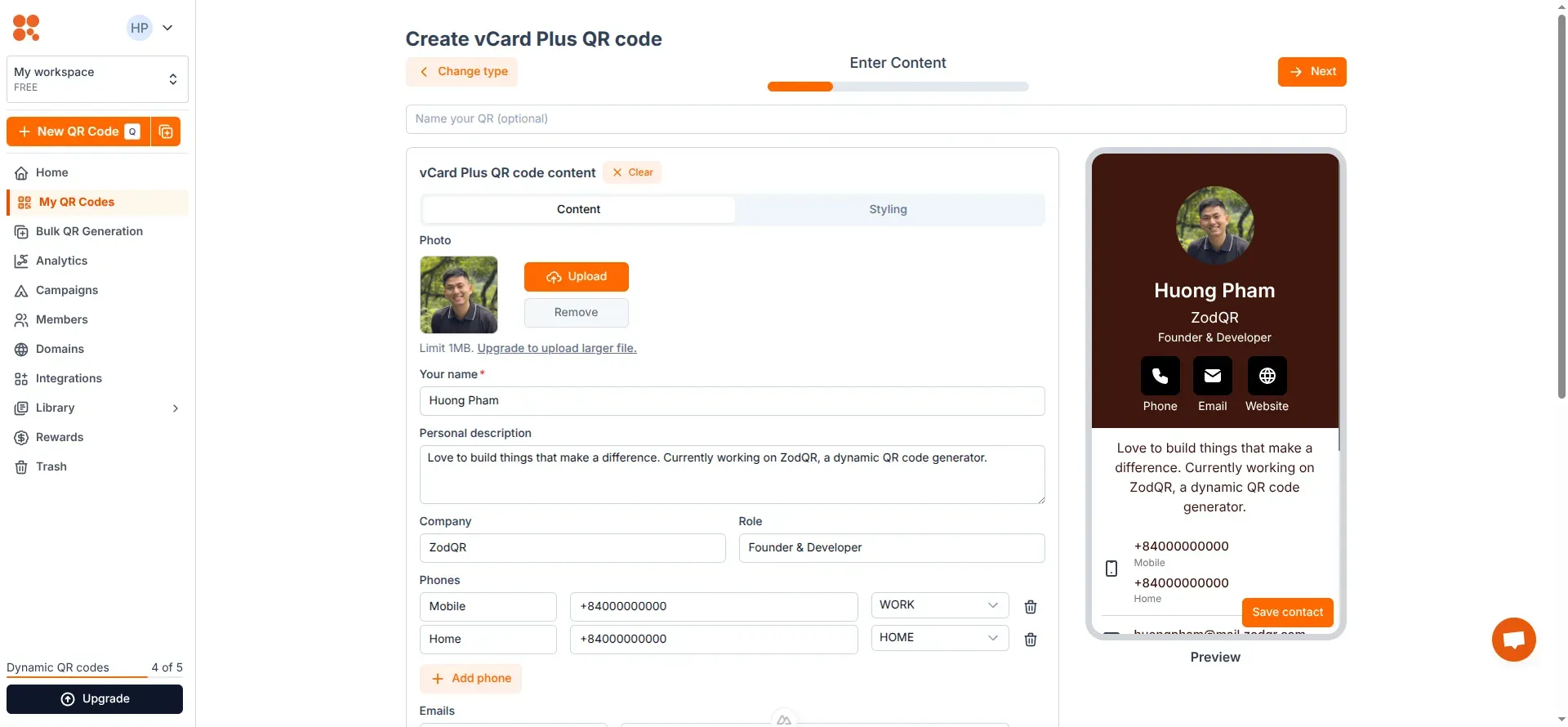 Enter vCard Plus content